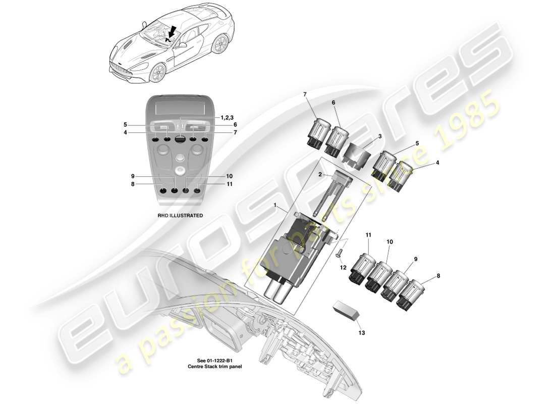 aston martin vanquish (2013) interruttori della console centrale diagramma delle parti