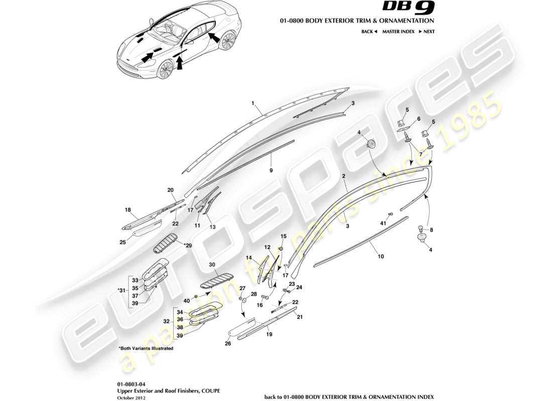 aston martin db9 (2014) finiture esterne superiori, diagramma delle parti coupé