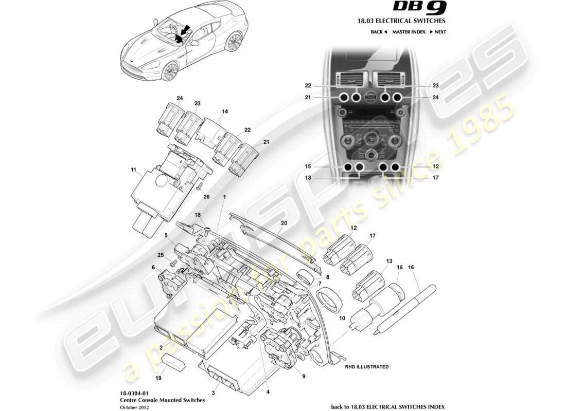 aston martin db9 (2014) interruttori della console centrale, al diagramma delle parti 16my