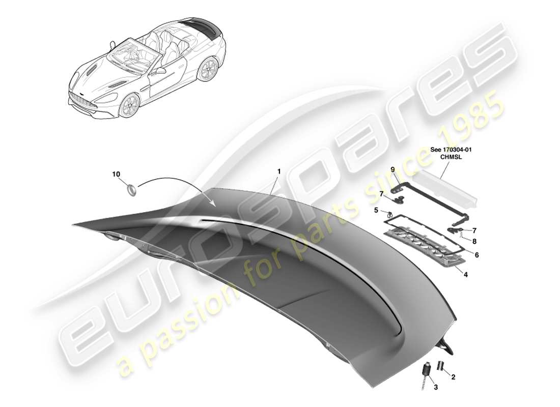 aston martin vanquish (2014) assemblaggio del decklid, diagramma delle parti del volante