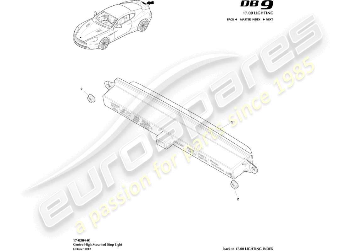 aston martin db9 (2014) diagramma delle parti della luce stop montata in alto