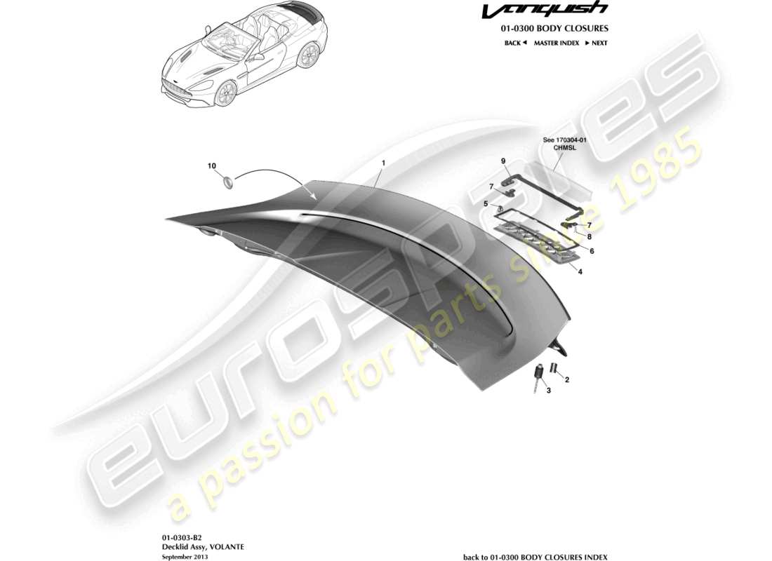 aston martin vanquish (2017) assemblaggio del decklid, diagramma delle parti del volante