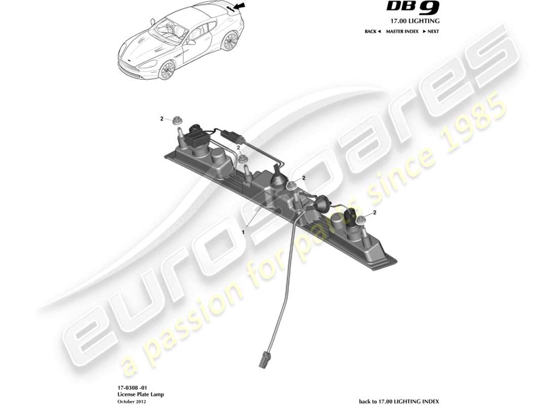 aston martin db9 (2014) diagramma delle parti delle luci della targa