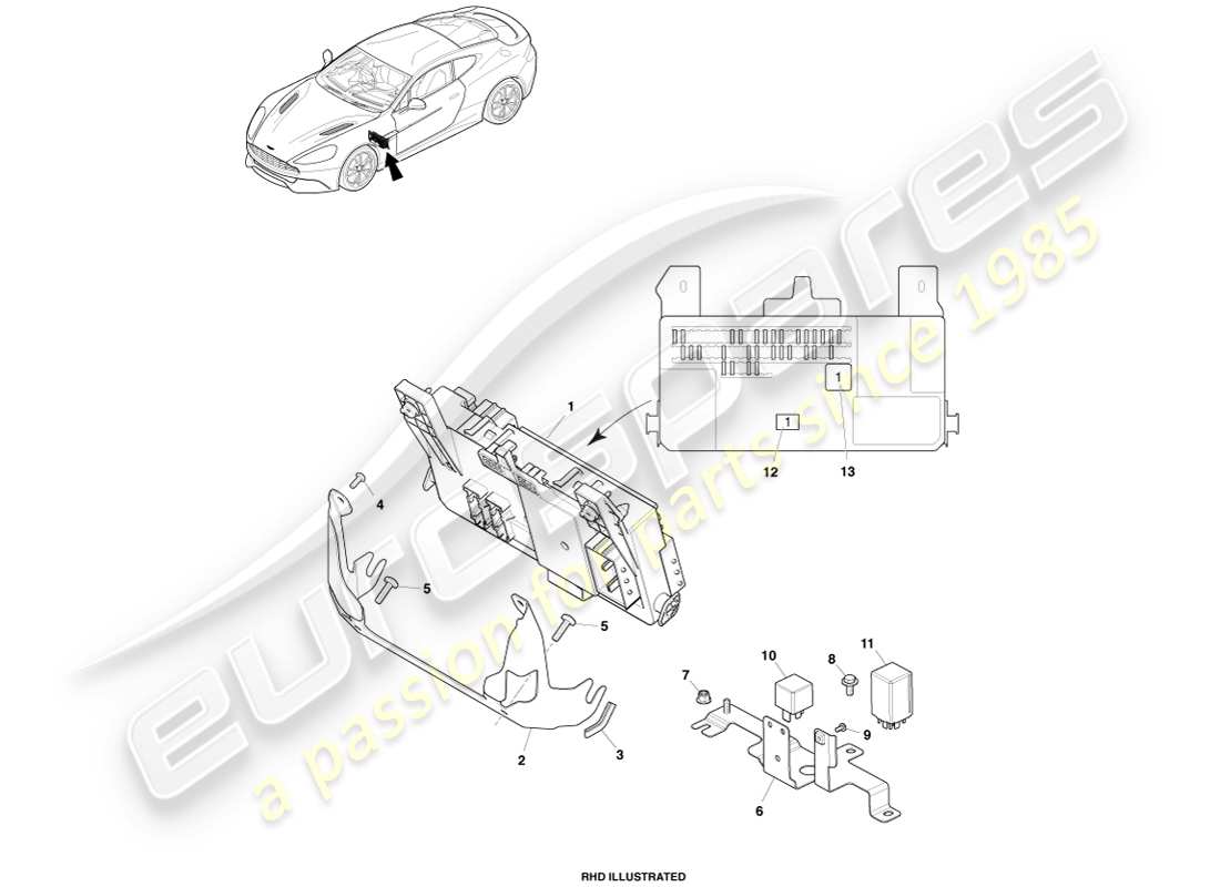 aston martin vanquish (2013) scatola dei fusibili dell'abitacolo diagramma delle parti