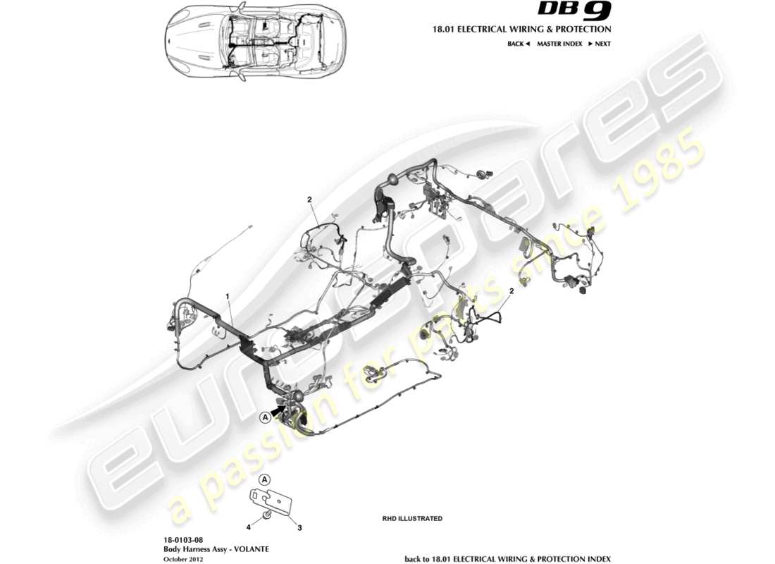 aston martin db9 (2014) imbracatura per il corpo, diagramma delle parti del volante