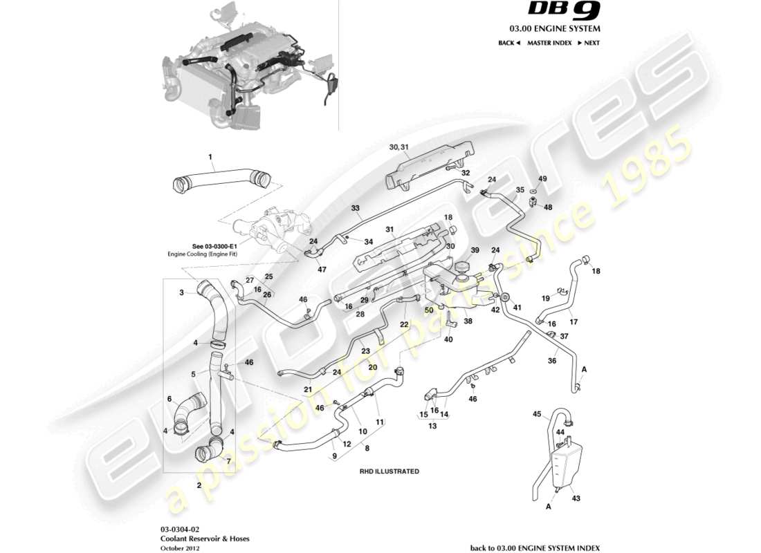 aston martin db9 (2014) serbatoio e tubi del liquido refrigerante diagramma delle parti