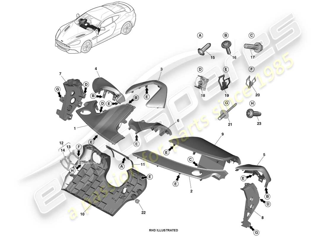 aston martin vanquish (2013) pannelli rifiniti ip diagramma delle parti