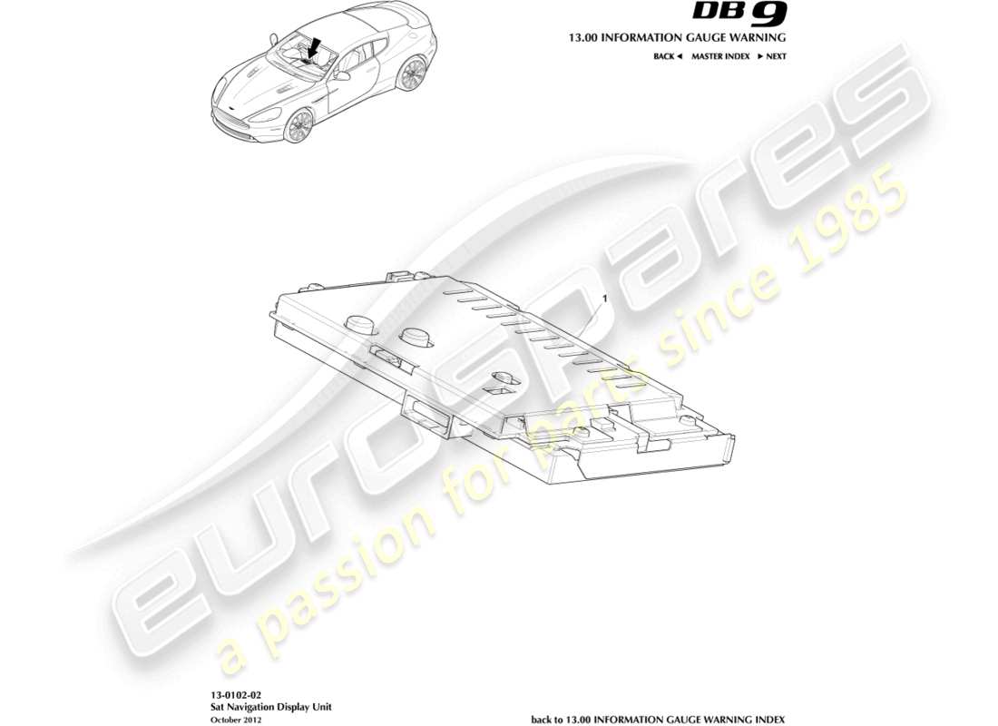 aston martin db9 (2014) diagramma delle parti del display del navigatore satellitare