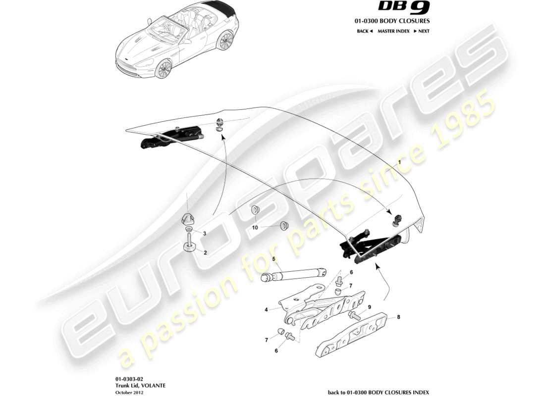 aston martin db9 (2014) coperchio e cerniera del bagagliaio, diagramma delle parti volante