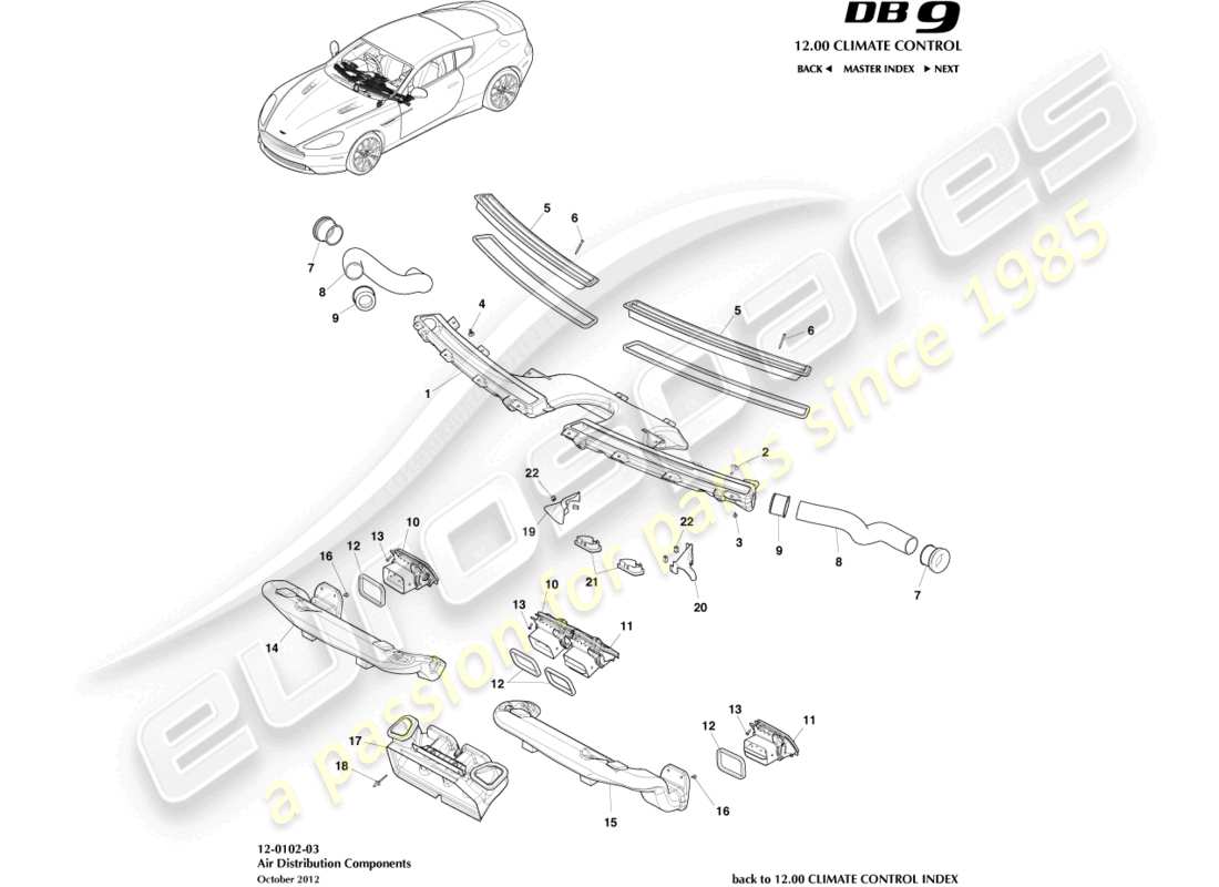 aston martin db9 (2014) diagramma delle parti dei componenti di distribuzione dell'aria