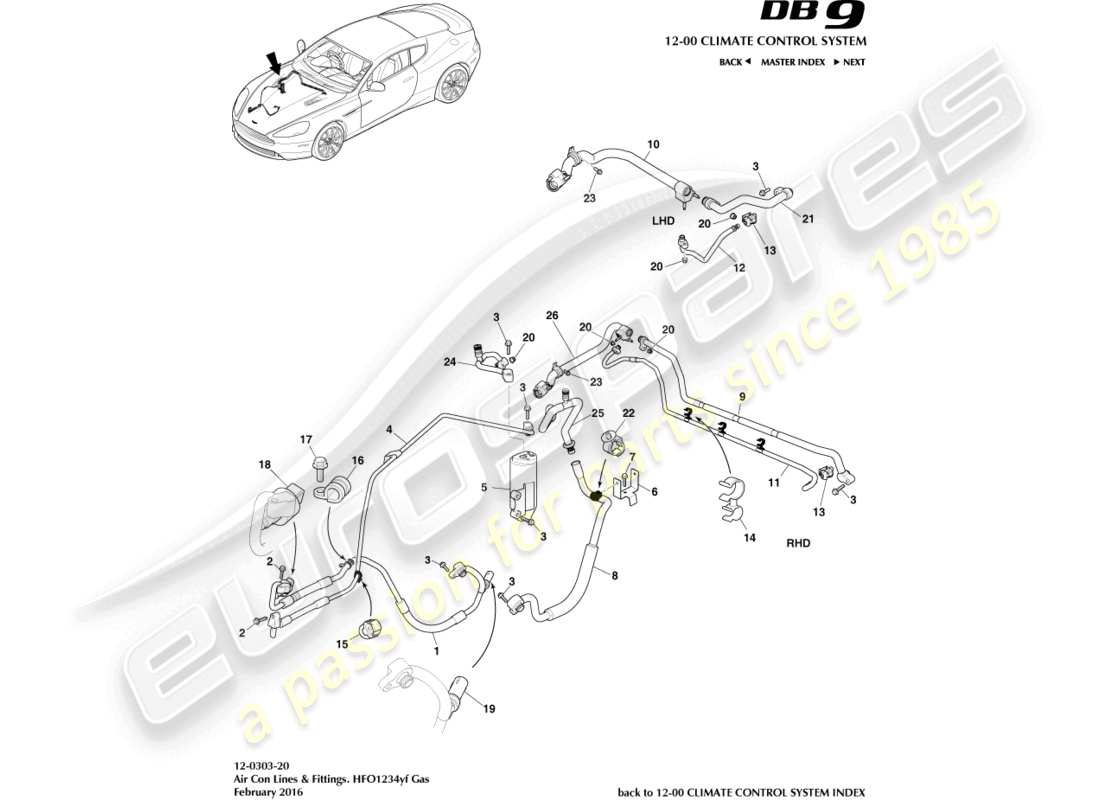 aston martin db9 (2014) linee di aria condizionata, diagramma delle parti del gas hfo1234yf