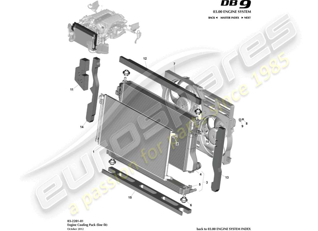 aston martin db9 (2014) raffreddamento del motore, diagramma delle parti in linea