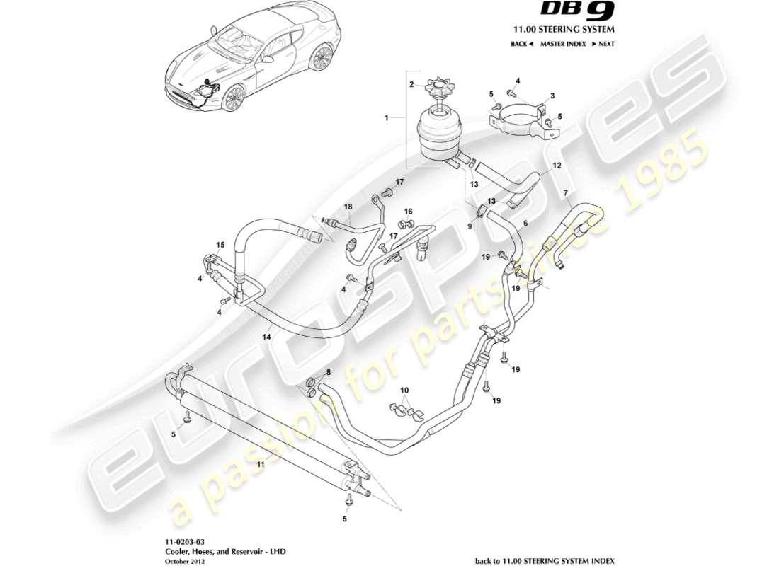 aston martin db9 (2014) tubi pas, diagramma delle parti con guida a sinistra