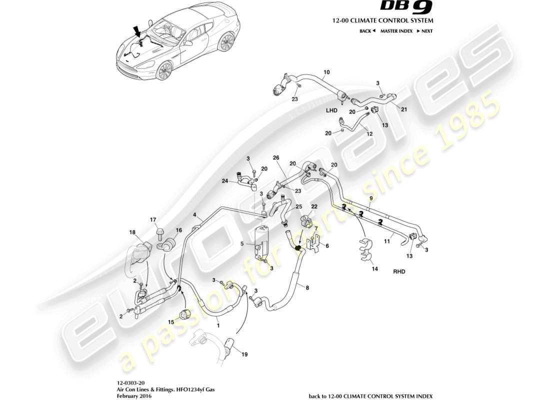 aston martin db9 (2013) linee di aria condizionata, hfo1234yf gas diagramma delle parti