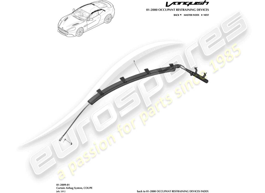 aston martin vanquish (2015) airbag a tendina, schema delle parti della coupé