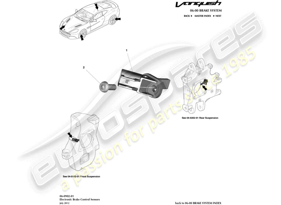 aston martin vanquish (2017) sensori di velocità delle ruote diagramma delle parti