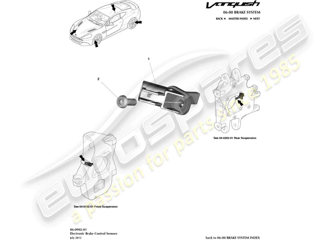 aston martin vanquish (2017) diagramma delle parti dei sensori di velocità delle ruote