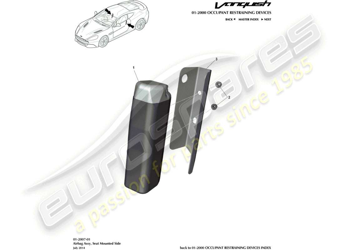 aston martin vanquish (2015) diagramma delle parti dell'airbag del sedile anteriore