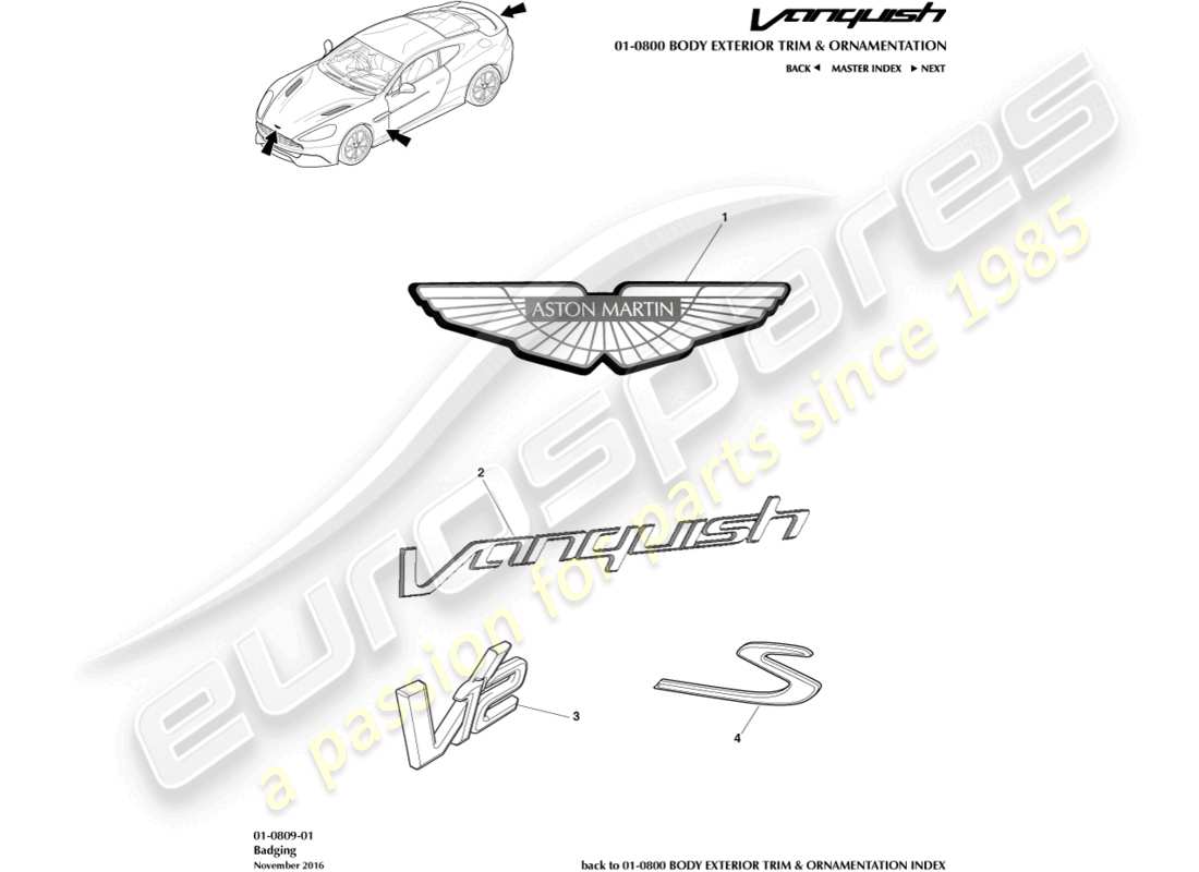 aston martin vanquish (2018) diagramma delle parti del badge