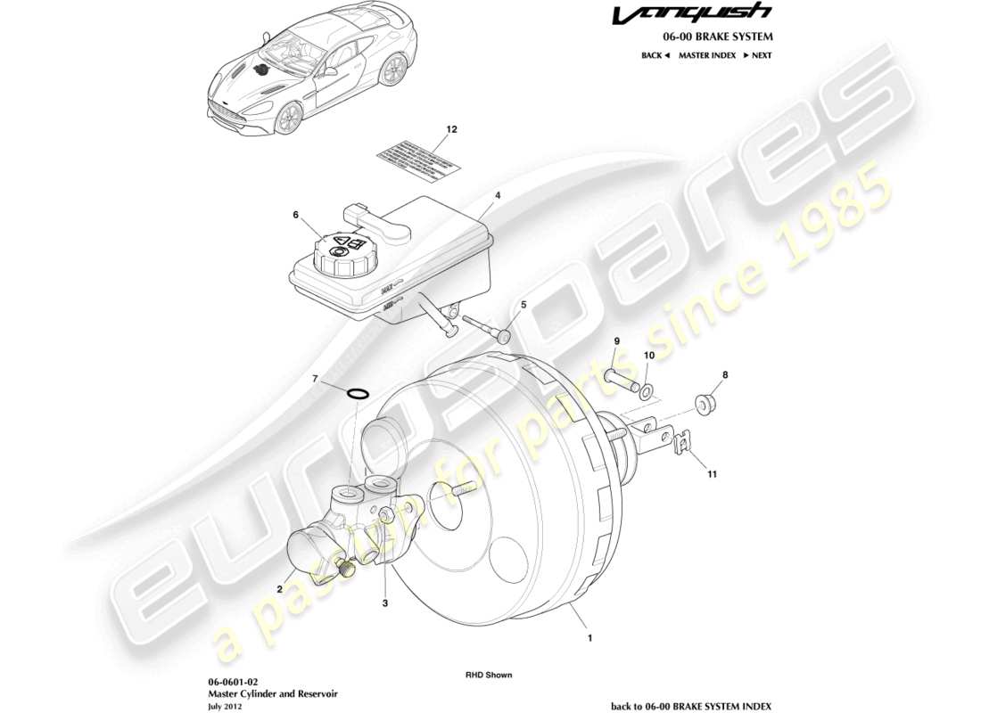 aston martin vanquish (2016) cilindro principale e serbatoio diagramma delle parti