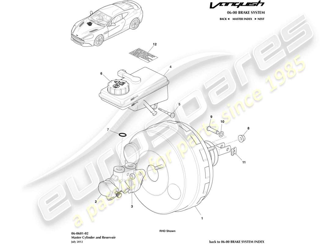 aston martin vanquish (2017) diagramma delle parti del cilindro principale e del serbatoio