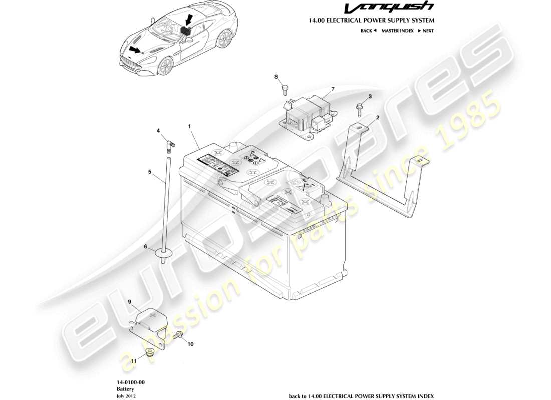 aston martin vanquish (2017) diagramma delle parti della batteria