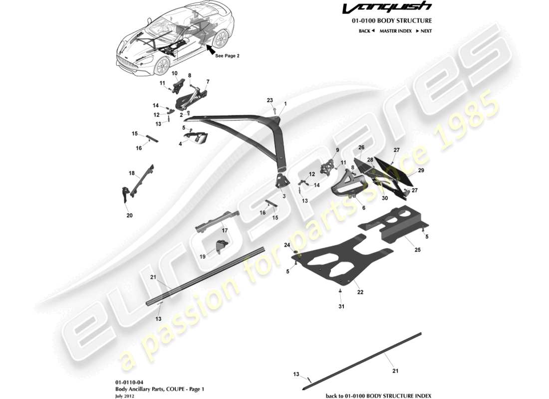 aston martin vanquish (2017) parti ausiliarie, coupé, pagina 1 diagramma delle parti