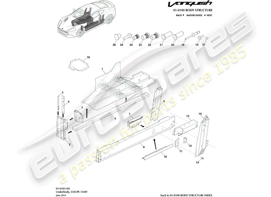 aston martin vanquish (2017) sottoscocca, diagramma delle parti del coupé