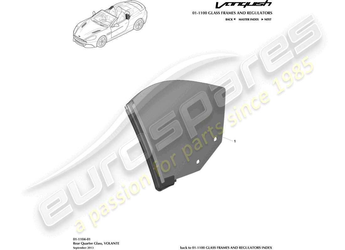 aston martin vanquish (2017) vetro del quarto posteriore, diagramma delle parti volante