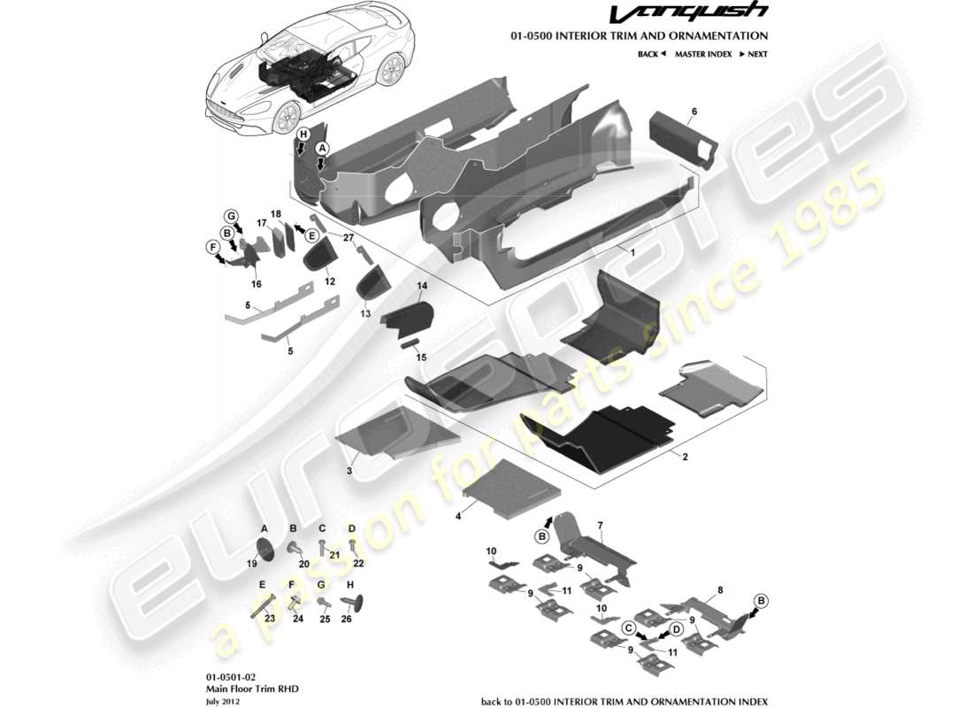 aston martin vanquish (2015) rivestimento del pavimento principale, diagramma delle parti con guida a destra