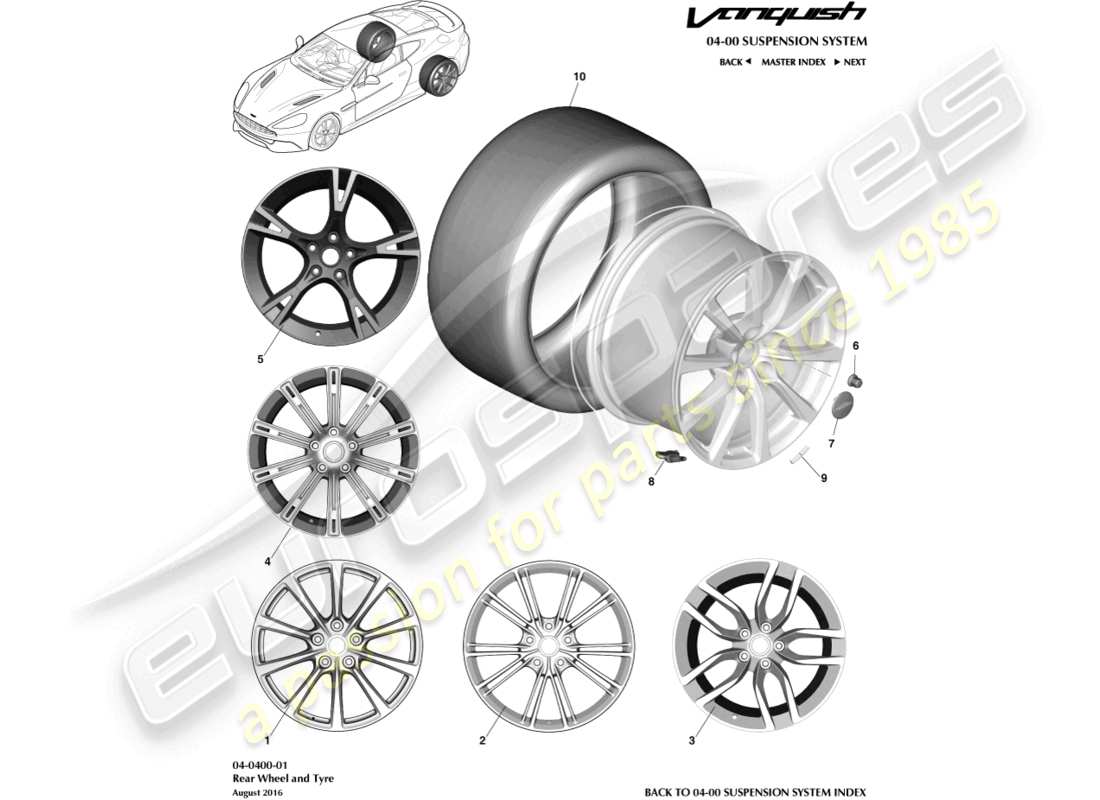 aston martin vanquish (2018) ruote e pneumatici posteriori diagramma delle parti