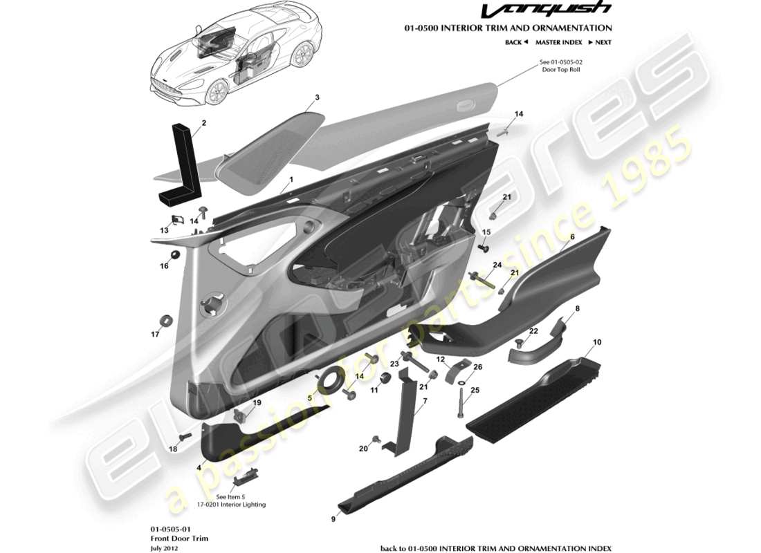 aston martin vanquish (2018) pannello di rivestimento della porta anteriore diagramma delle parti