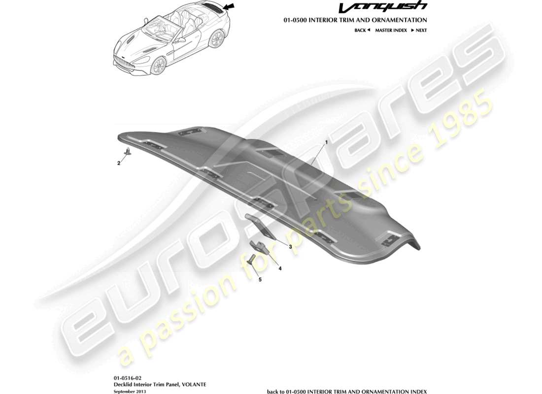 aston martin vanquish (2016) pannello di rivestimento del portellone posteriore, volante diagramma delle parti