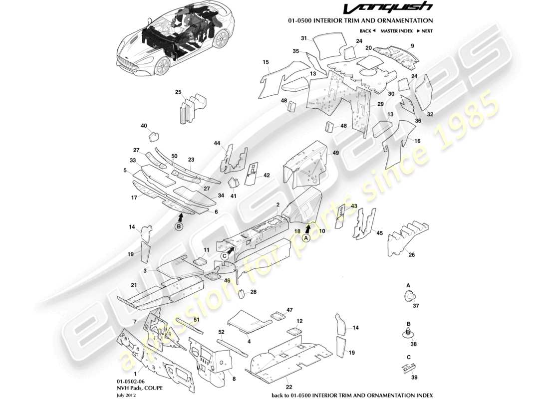 aston martin vanquish (2017) pastiglie nvh, diagramma delle parti coupé