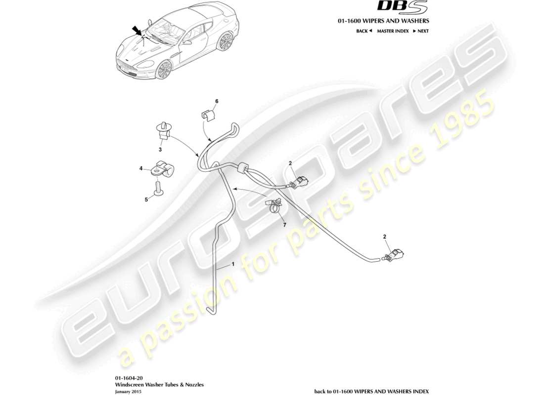 aston martin dbs (2011) lavaggio del parabrezza diagramma delle parti