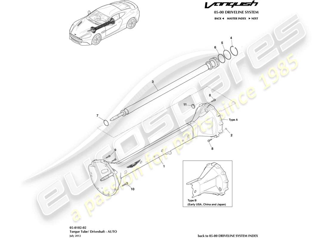 aston martin vanquish (2017) gruppo tubo di torsione, diagramma delle parti 6 spd