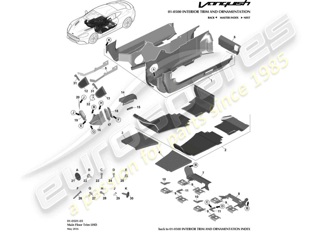 aston martin vanquish (2015) rivestimento del pavimento principale, guida a sinistra diagramma delle parti
