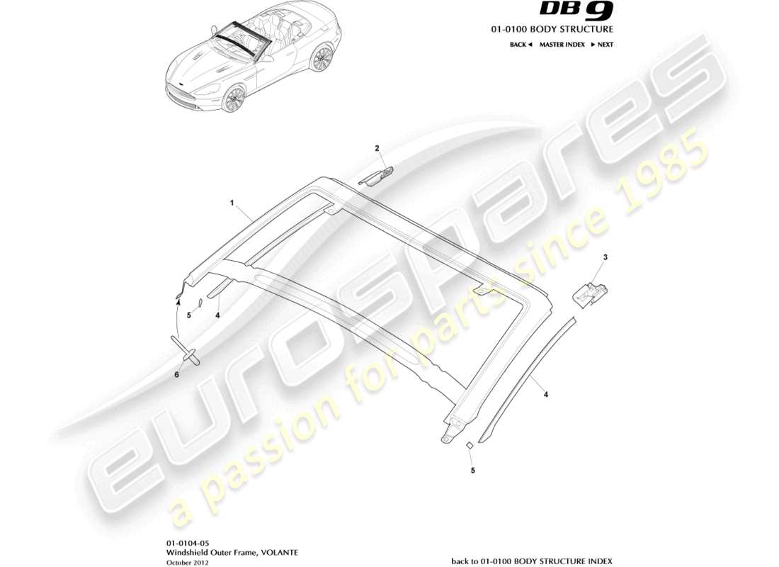 aston martin db9 (2016) telaio esterno del parabrezza, diagramma delle parti volante