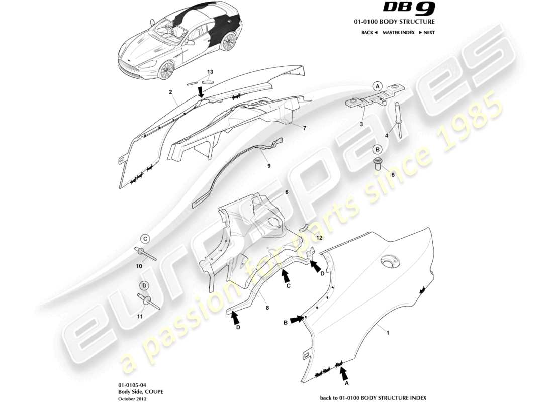 aston martin db9 (2016) lato del corpo, diagramma delle parti del coupé