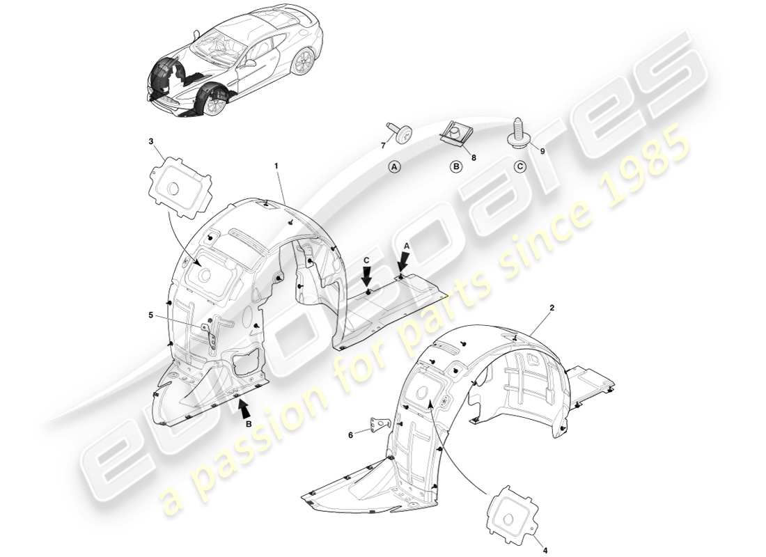 aston martin vanquish (2014) diagramma delle parti dei rivestimenti del passaruota anteriore