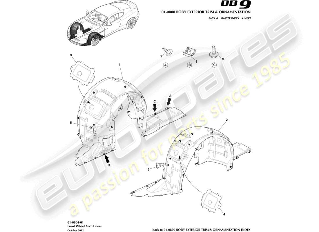 aston martin db9 (2016) diagramma delle parti dei rivestimenti del passaruota anteriore