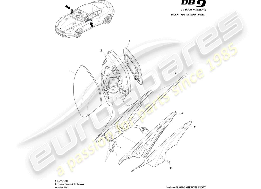 aston martin db9 (2016) specchietti retrovisori esterni diagramma delle parti