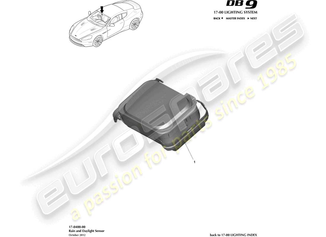 aston martin db9 (2016) diagramma delle parti del sensore pioggia e luce diurna