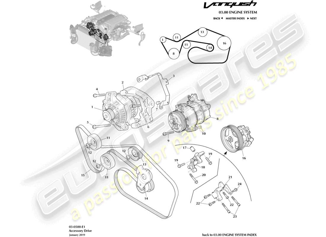 aston martin vanquish (2017) diagramma delle parti della trasmissione accessoria