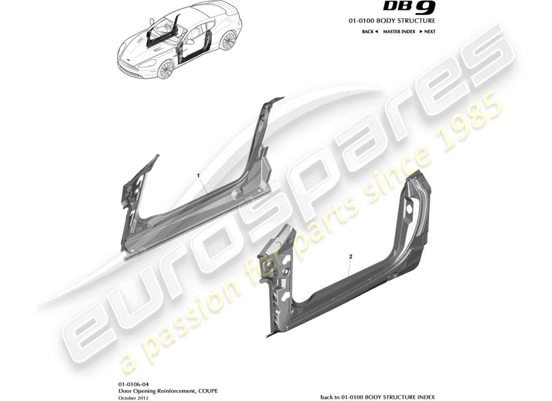 aston martin db9 (2016) telaio di apertura della porta, diagramma delle parti della coupé
