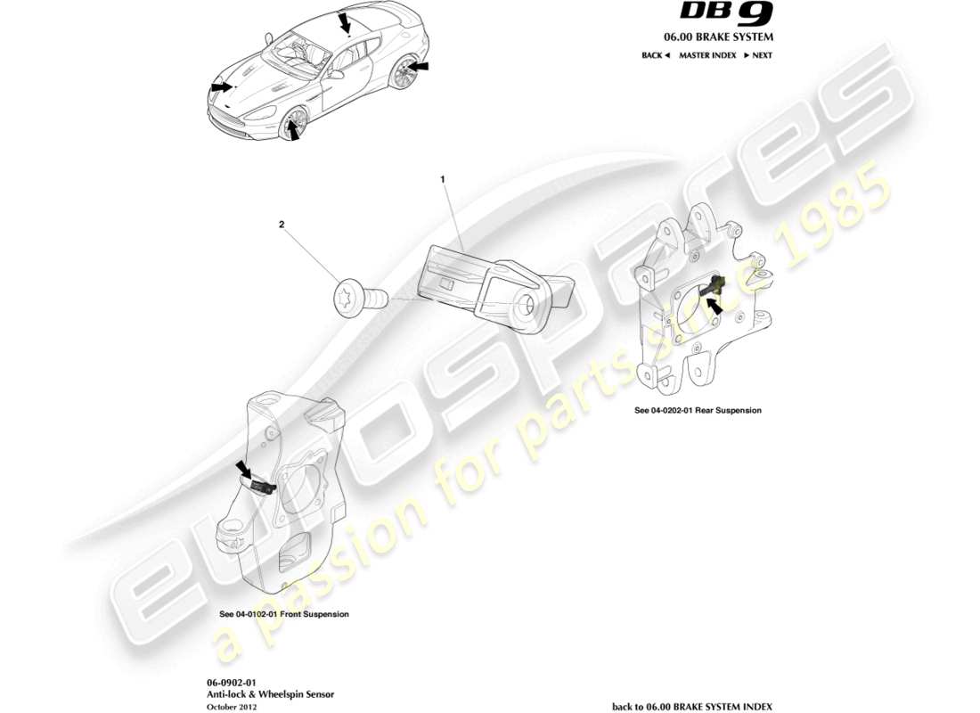 aston martin db9 (2013) sensori di velocità delle ruote diagramma delle parti