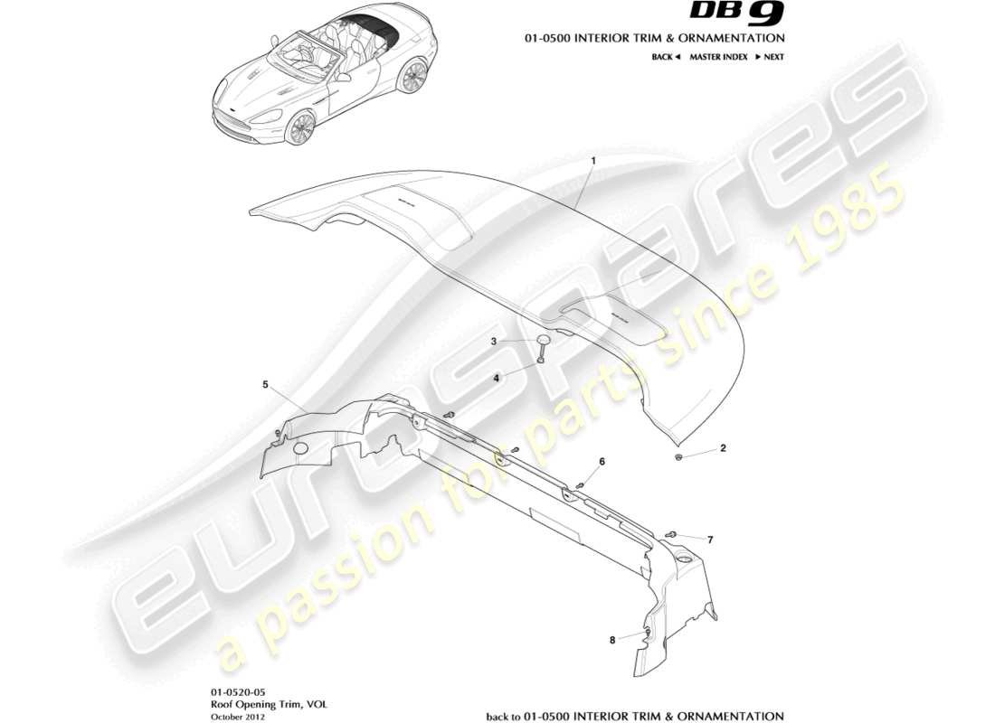 aston martin db9 (2017) rivestimento apribile del tetto, volante diagramma delle parti