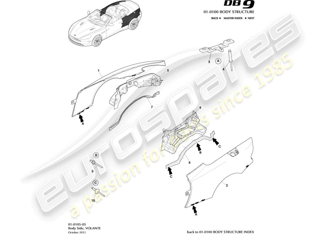 aston martin db9 (2014) lato del corpo, diagramma della parte volante