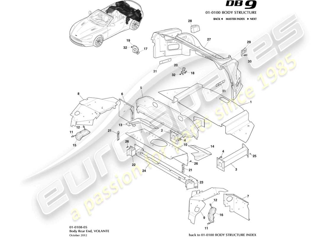 aston martin db9 (2014) estremità posteriore del corpo, diagramma delle parti volante