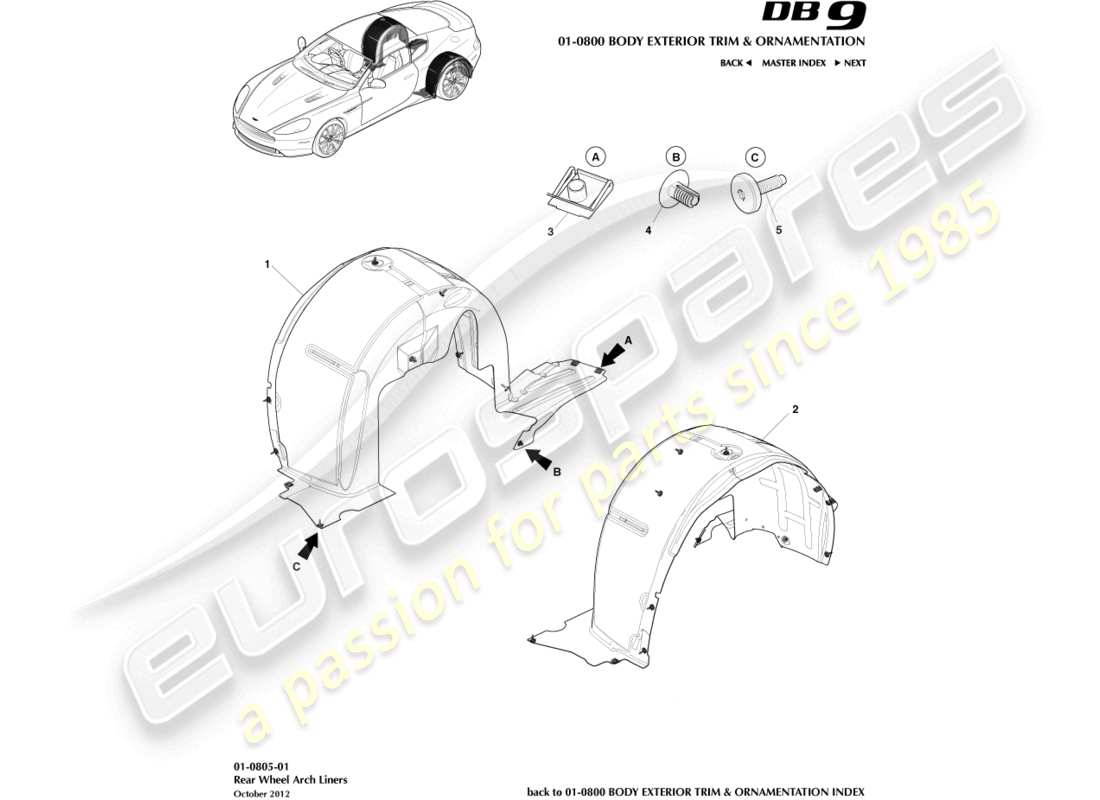 aston martin db9 (2014) diagramma delle parti dei rivestimenti del passaruota anteriore
